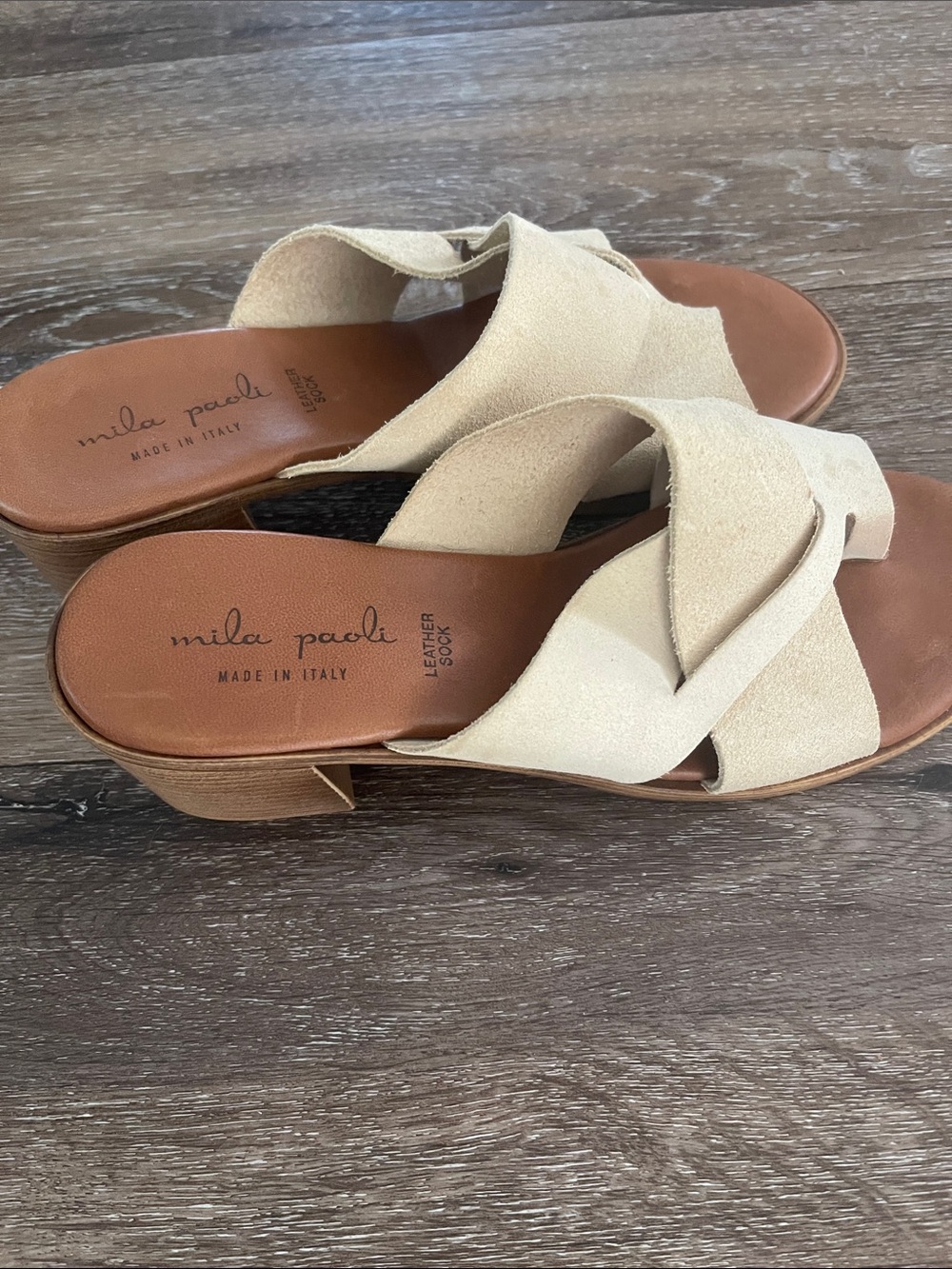Mila Paoli Beige Suede Crossband Slide Heels